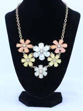 Pastel Floral Statement Necklace Rhinestone Flower Bib Necklace Colorful Jewelry
